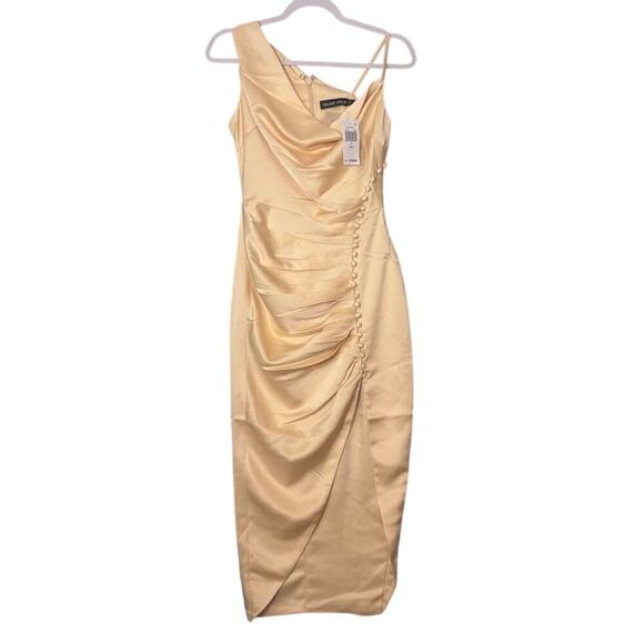 Lavish Alice Champagne Satin Midi Dress Cowl Neck Ruched Slit Size 2 NWT - Picture 3 of 7